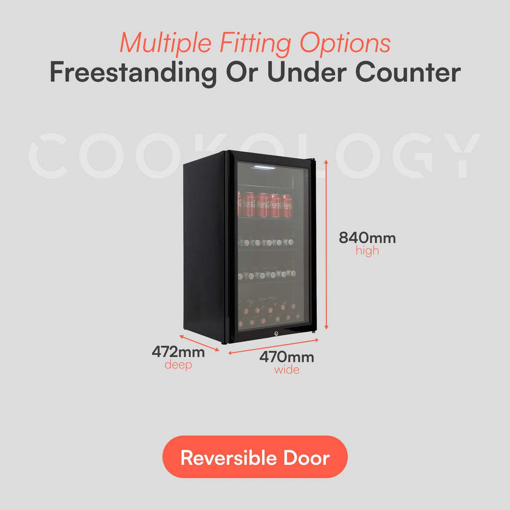 CBC98BK Under-Counter Fridge, 98 Litre Beer, Wine and Drinks Fridge with Adjustable Temperature Control, LED Light, Suitable for Cans and Bottles, Energy Efficient - in Black