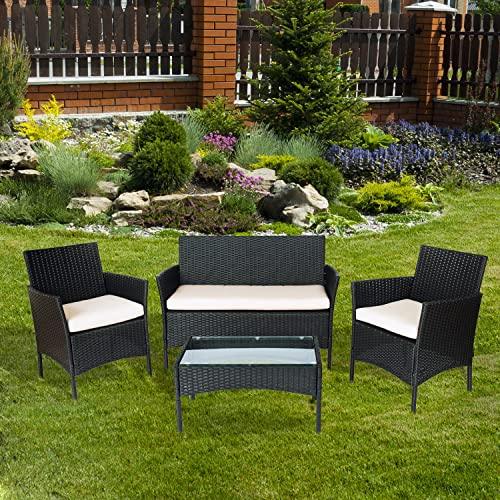 Straame 4PC Rattan Garden Furniture Set with Table, Double Seated Sofa and 2 Cushion Chairs, Outdoors Rattan Set, Weather Resistant, Comfortable Stylish Pool Side, Patio Lounger Set (Black)