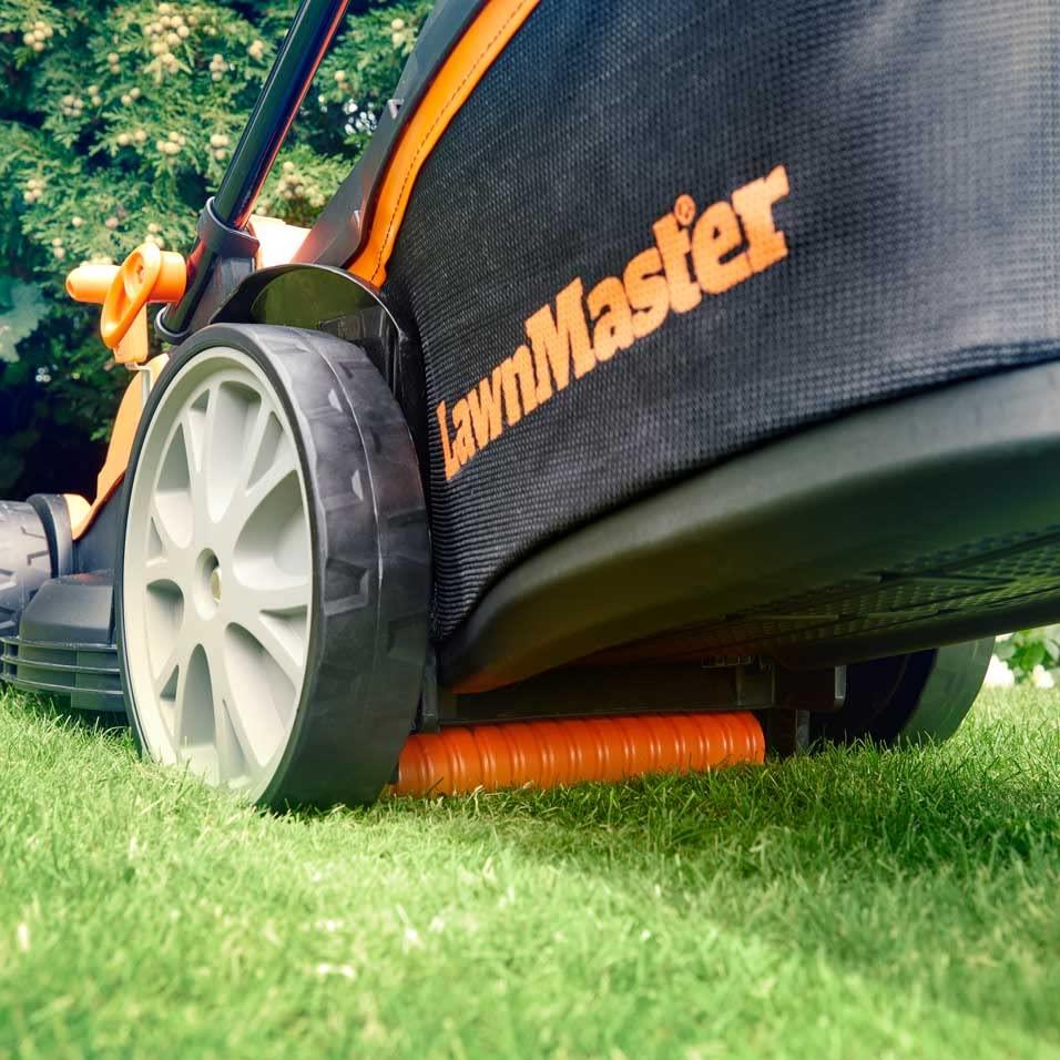 LawnMaster 1800W Electric Lawn Mower with 40cm cutting width, ideal for larger lawns, with rear roller and mulching function, 2 year guarantee