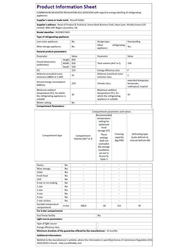 Russell Hobbs RH198CF3003 198L Freestanding White Chest Freezer with 5 Year Warranty, Adjustable Thermostat, 4 Star Freezer Rating & Suitable for Outbuildings & Garages