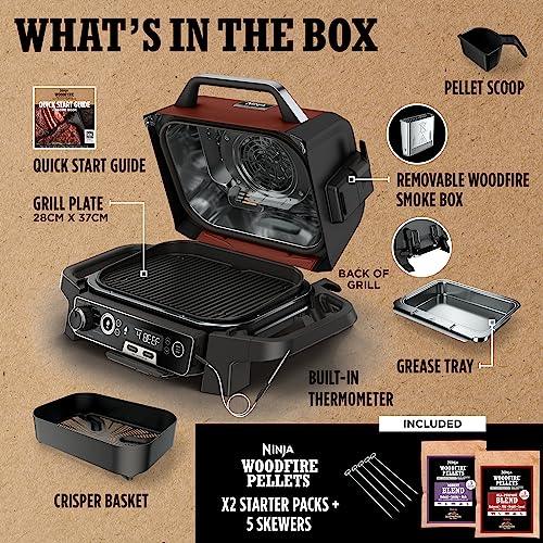 Ninja Woodfire Electric Outdoor BBQ Grill, Smoker and Air Fryer with Pellets and Digital Probe, 5 Skewers, 7 Functions; Grill, Smoke, Air Fry, Roast and more, Red/Black, Amazon Exclusive OG751UKAMZ