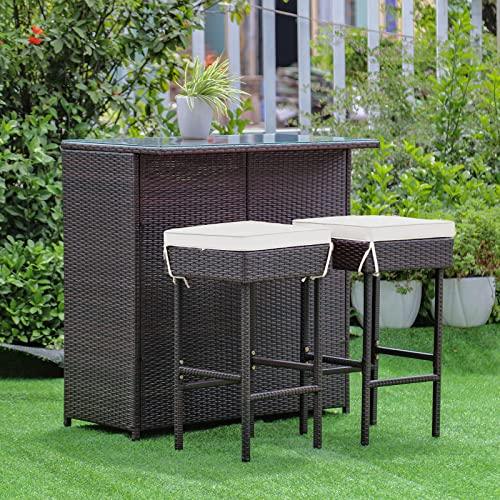 COSTWAY 3-Piece Garden Bar Set, Patio Rattan Bistro Set with Glass Top Bar Table and 2 Cushioned Bar Stools, Outdoor Dining Furniture Wicker Conservation Set for Balcony Terrace Poolside (Off White)