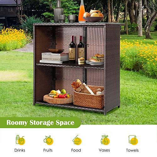 COSTWAY 3-Piece Garden Bar Set, Patio Rattan Bistro Set with Glass Top Bar Table and 2 Cushioned Bar Stools, Outdoor Dining Furniture Wicker Conservation Set for Balcony Terrace Poolside (Off White)