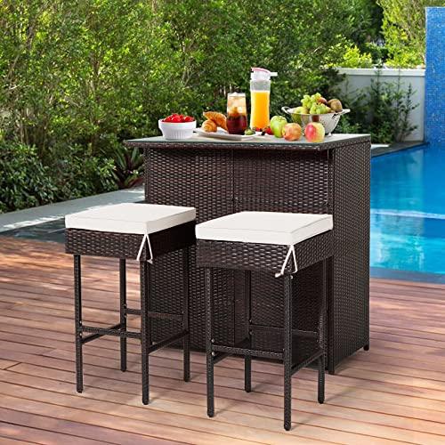 COSTWAY 3-Piece Garden Bar Set, Patio Rattan Bistro Set with Glass Top Bar Table and 2 Cushioned Bar Stools, Outdoor Dining Furniture Wicker Conservation Set for Balcony Terrace Poolside (Off White)