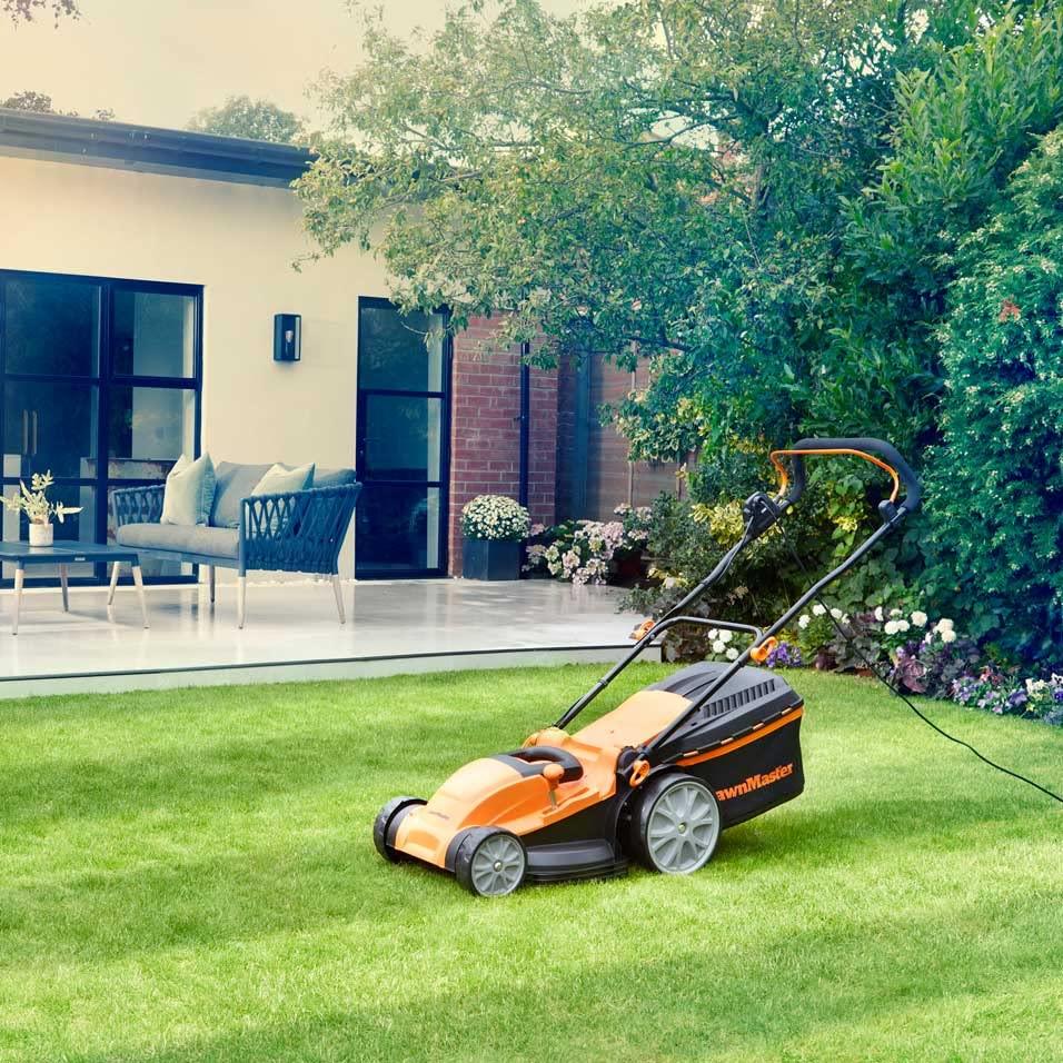 LawnMaster 1800W Electric Lawn Mower with 40cm cutting width, ideal for larger lawns, with rear roller and mulching function, 2 year guarantee