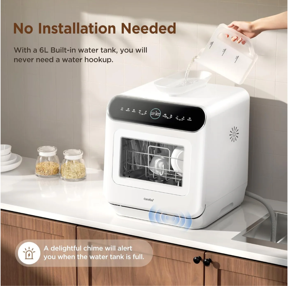 Mini Plus Dishwasher Compact Table Top Countertop Dishwasher with Built-in 6L Water Tank, Hygiene Wash, Auto Door Open Drying, Energy Class D - White