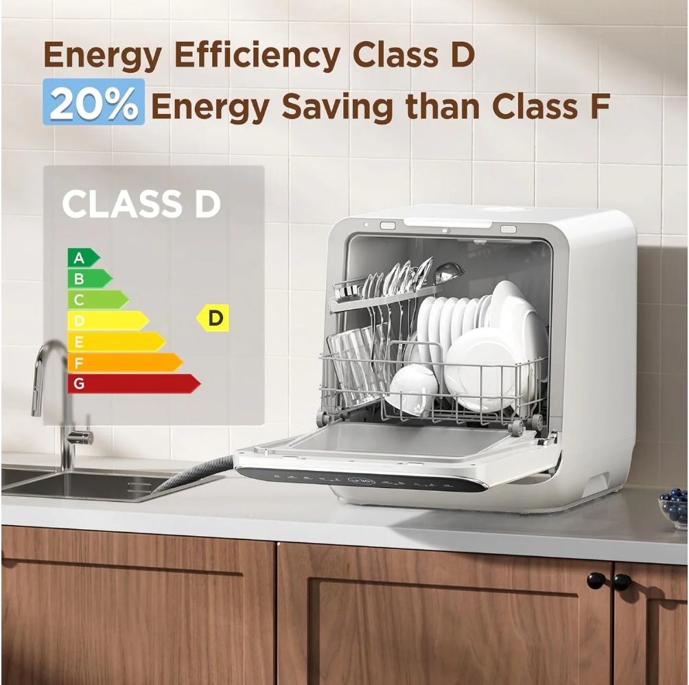 Mini Plus Dishwasher Compact Table Top Countertop Dishwasher with Built-in 6L Water Tank, Hygiene Wash, Auto Door Open Drying, Energy Class D - White