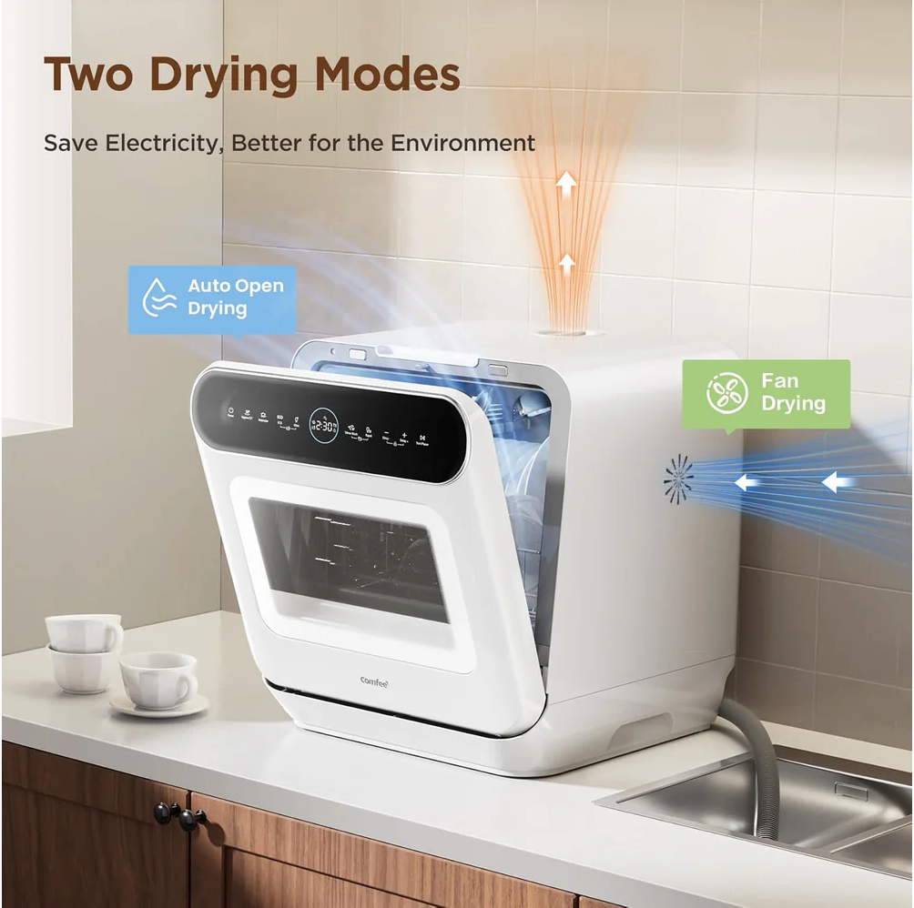 Mini Plus Dishwasher Compact Table Top Countertop Dishwasher with Built-in 6L Water Tank, Hygiene Wash, Auto Door Open Drying, Energy Class D - White