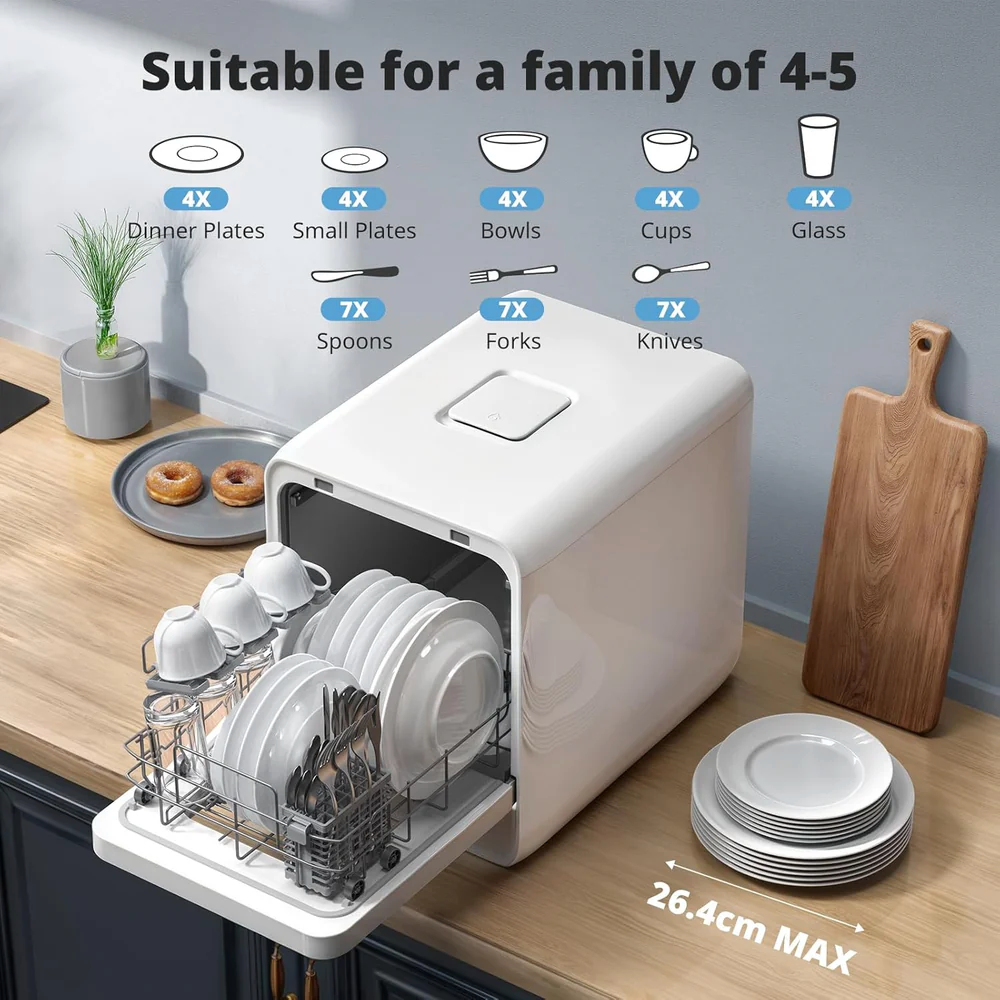 Portable Countertop Dishwasher Mini Dishwasher with 5L Tank, 9 Programs, 37 * 50cm Ultra-Narrow & Deep Design, 1-24H Delay Start & 360° Dual Spray, Hose/No-Hose Setup, White